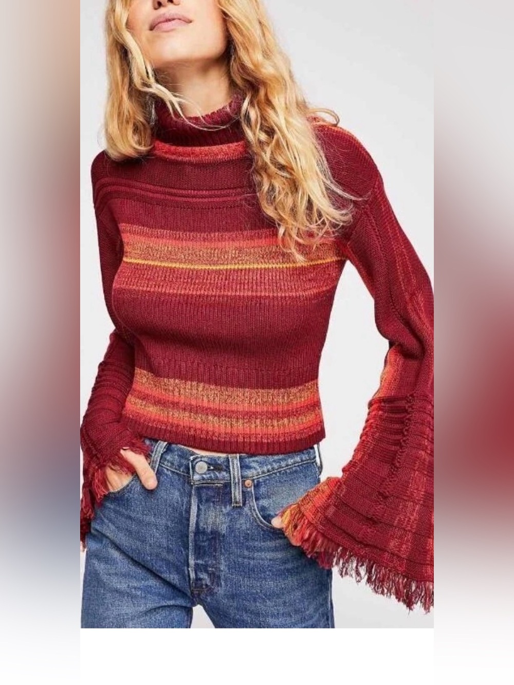 Free People Rust Red Striped Fringe-Sleeve Crew Sweater